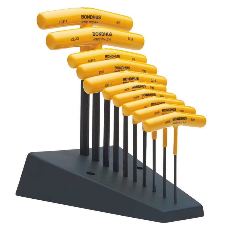 13390, Bondhus 10 Piece Inch T-Handle Hexdriver Set (3/32 to 3/8″) with Stand