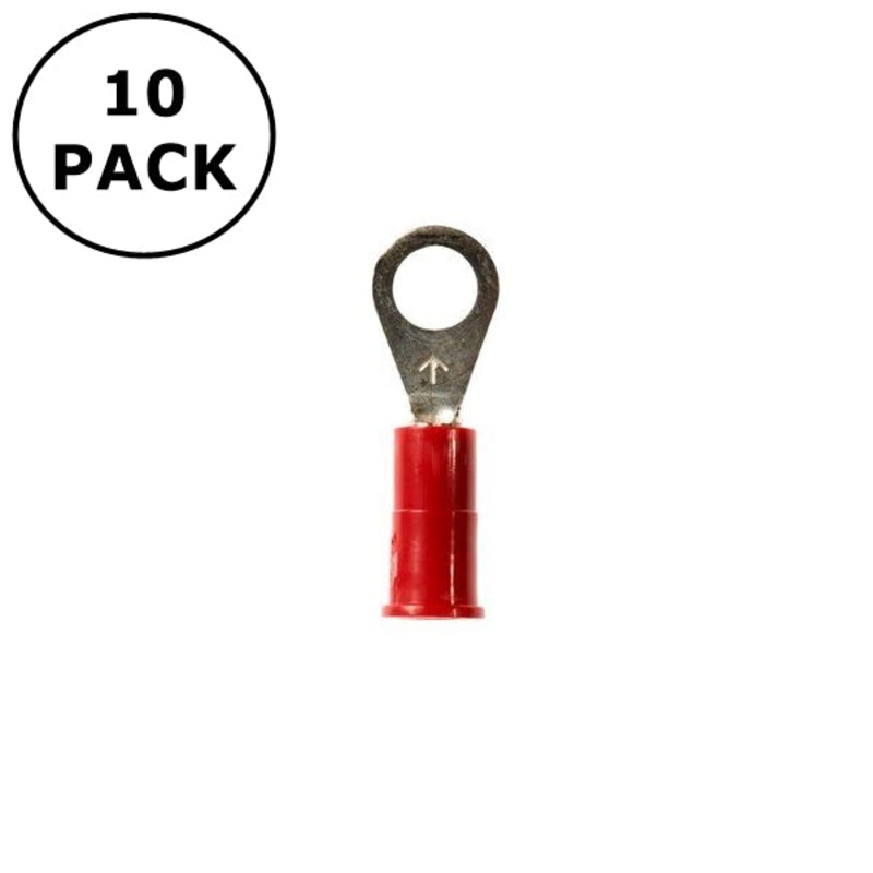 (2295) #8 Stud Red Vinyl Insulated Ring Terminals for 22-18AWG Wire ~ 10 Pack