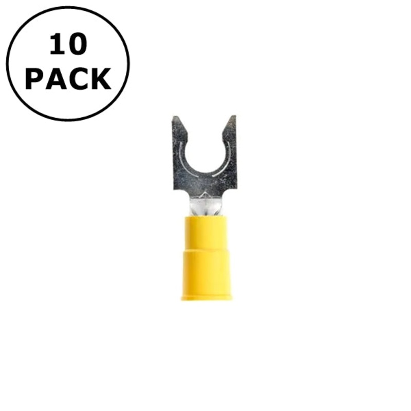 (2742) 1/4″ Yellow Yellow Vinyl Insulated Locking Fork Terminals 12-10AWG 10 PK