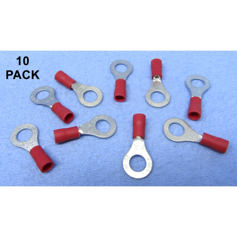 65-1527 1/4″ Stud Red Vinyl Insulated Ring Terminals for 22-18AWG Wire ~ 10 Pack