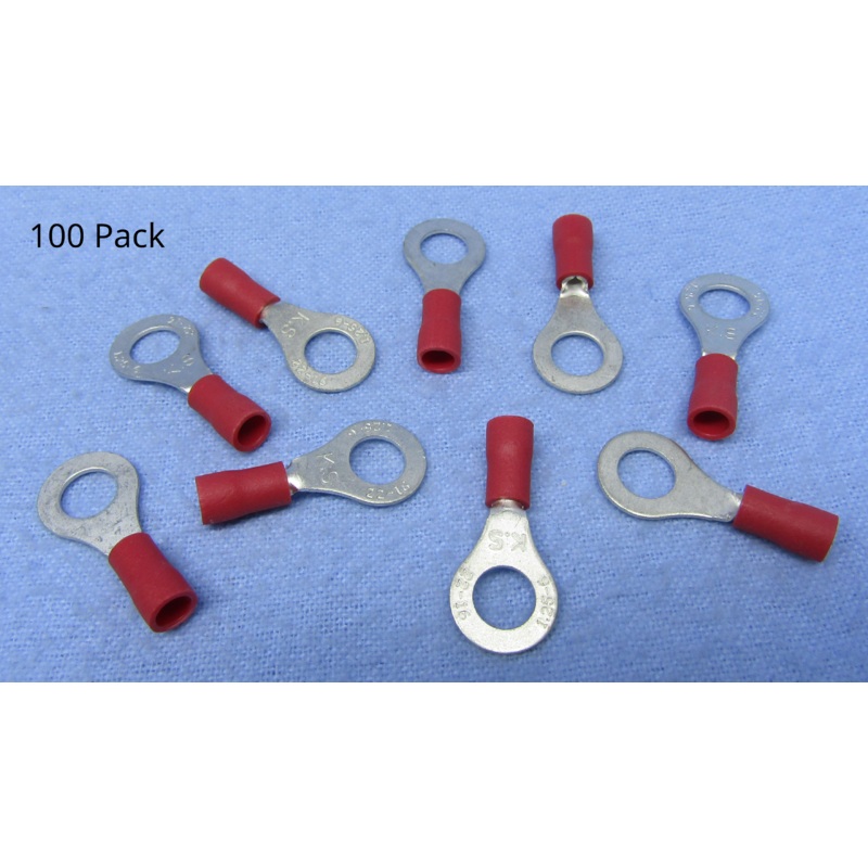 (65-1527C) 1/4″ Stud Red Vinyl Insulated Ring Terminals for 22-18AWG Wire ~ 100 Pack