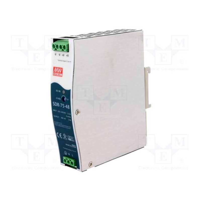 SDR-75-48, Meanwell 48Vdc 1.6A, 48 Volt DIN Rail Power Supply PFC, Peak Current 48V 1.6A, 75 Watts