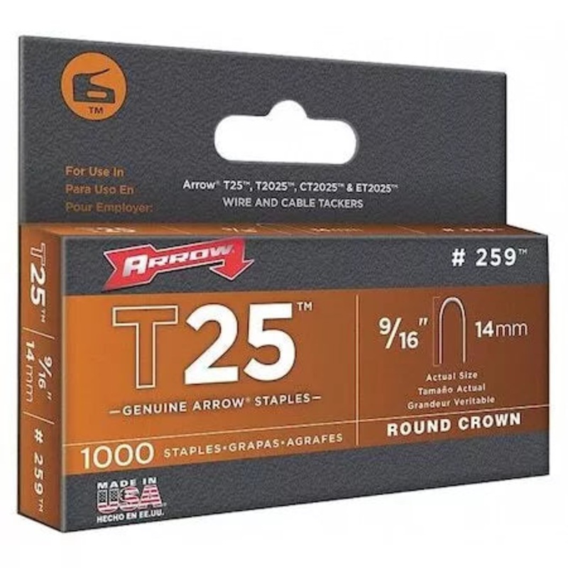 Arrow Fastener 259 Cable Staples, T25, – Ga, Round Crown, 9/16 In Leg L, Steel,