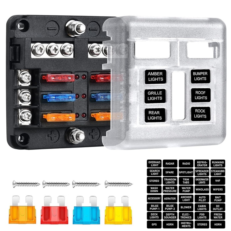 Fuse Box 30A w/cover 6-Way Marine Fuse Block,Waterproof 12v Fuse Block with LED Indicator for 12V/24V Automotive Golf Cart Truck Car Boat Marine RV Motorcycle