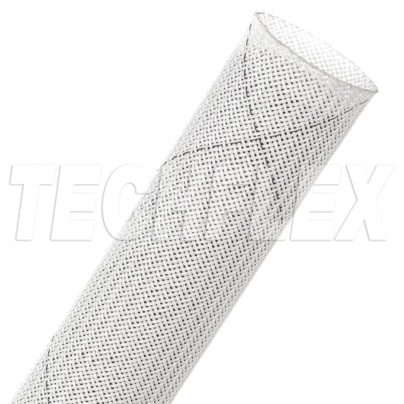 TechFlex braided sleeve CCF1.25TW Flame Ret. 1 1/4″, White w/ Black Tracer Per Ft