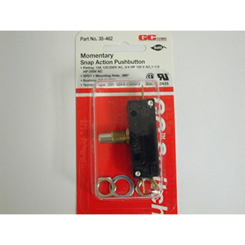 GC Electronics 35-462 Momentary Snap Action Pushbutton Switch, SPDT, 15A 125/250VAC, .380 Mounting Hole, .250QC Terminals