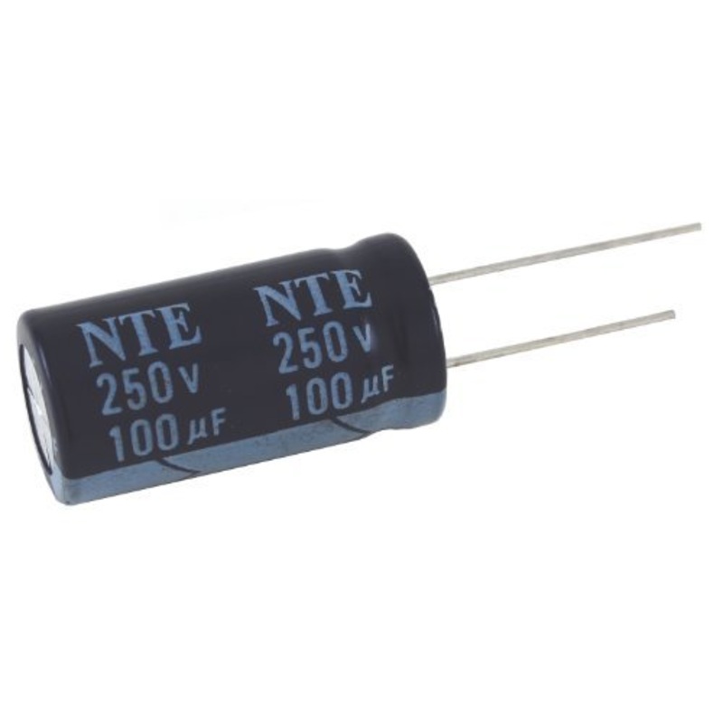 NTE Electronics VHT100M25 Series VHT Aluminum Electrolytic Capacitor, Radial Lead, 105 Degree Max Temp, 100 F Capacitance, 20% Tolerance, 25V