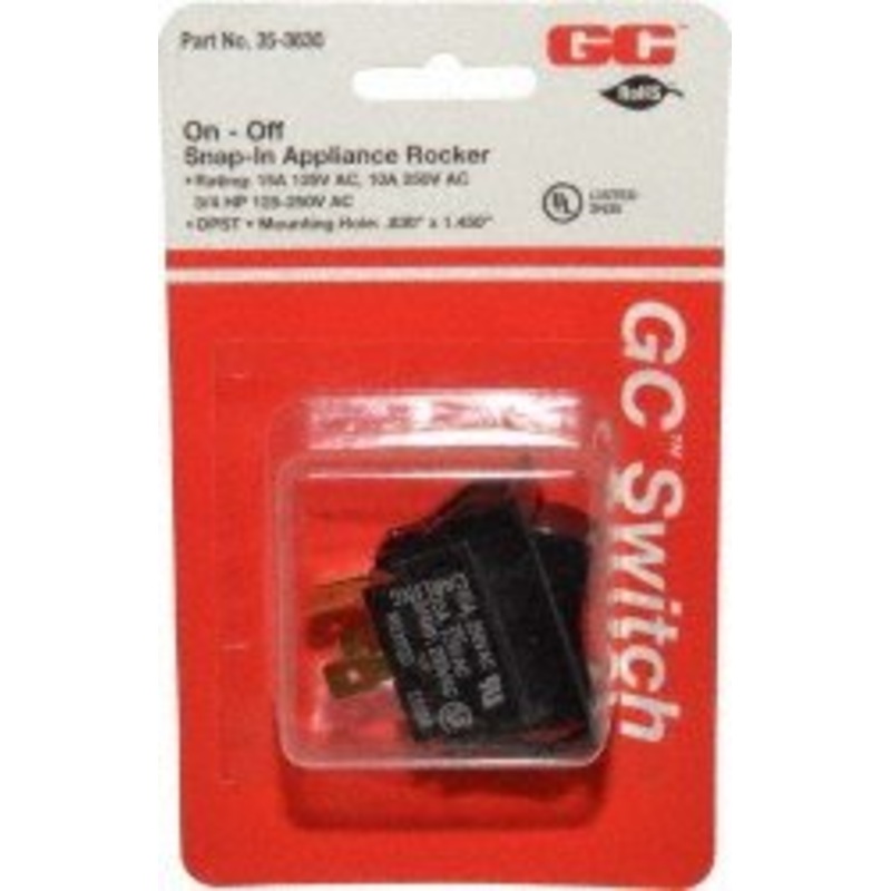 GC Electronics 35-3630 Rocker Switch, DPST, On-Off, 15A 125V / 10A 250V, .83 X 1.45 Mounting Hole
