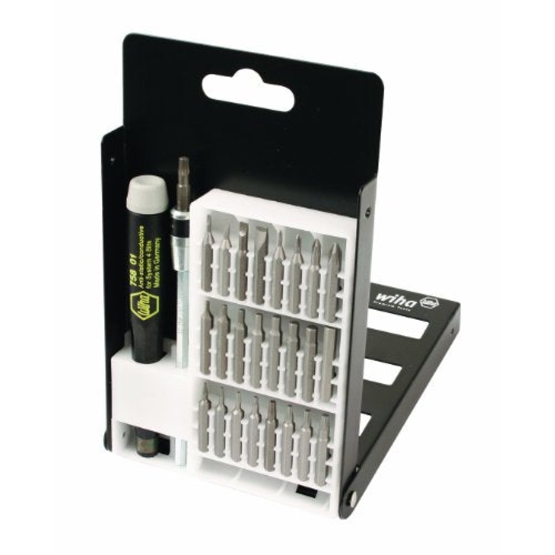 Wiha 75992 System 4 Precision Interchangeable Bit Set, Torx, Slotted, Phillips, Hex Inch, ESD Safe Precision Handle, 27 Piece In Compact Box
