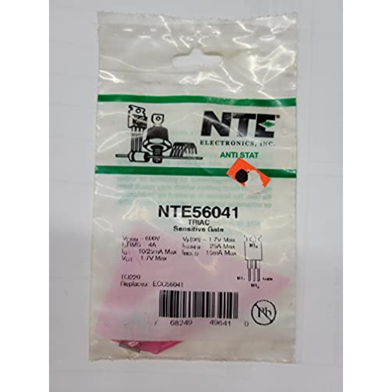 NTE Electronics NTE56041 Triac, TO-220 Sensitive Gate Package, 4 Amp, 600V