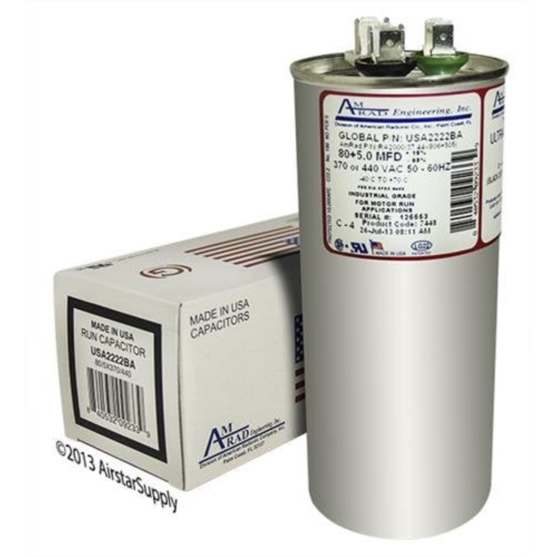 Proline PB800Z050T440EAGR Replacement – 80 + 5 uf/Mfd 370/440 VAC AmRad Round Dual Universal Capacitor, Made in The U.S.A.