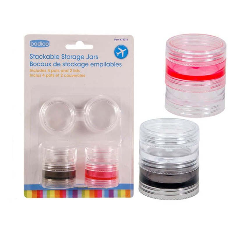 74072 – TRAVEL STACKABLE STORAGE JARS 4 POTS AND 2 LIDS ASSORTED COLORS (2 pcs/pkg)