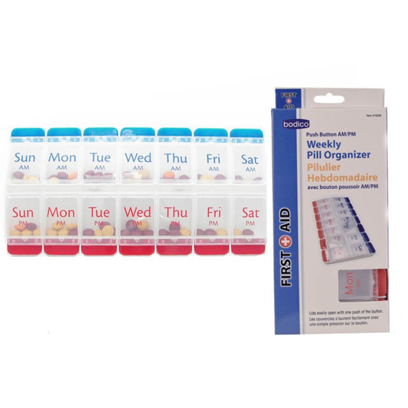 74258 – PILL ORGANIZER WEEKLY AM/PM PUSH BUTTON 9X4.5X1IN