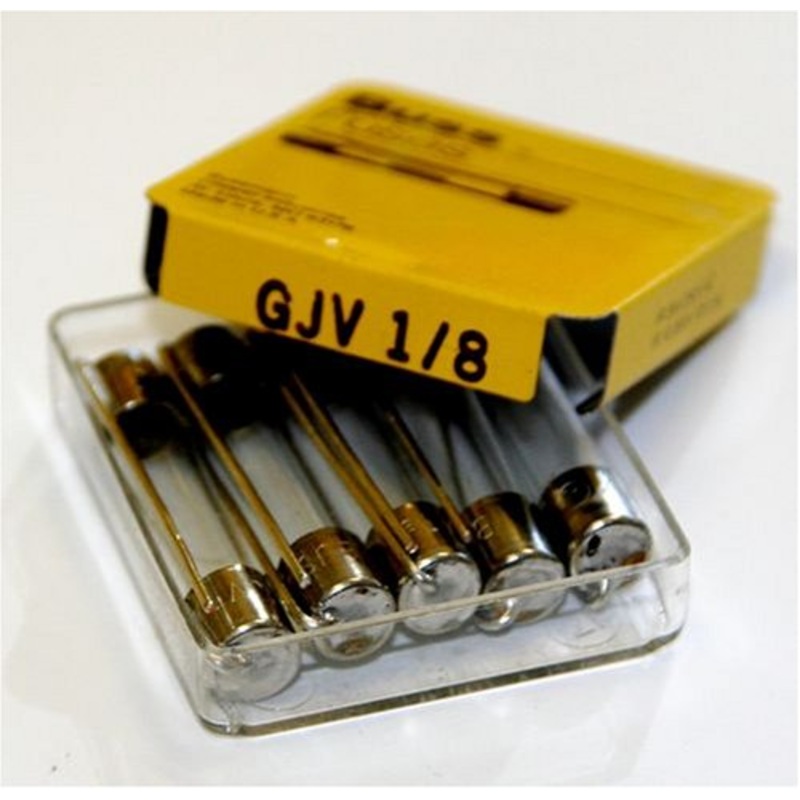 Box of (5) Bussmann GJV-1/8 Amp @ 250 Volts or Less 1/4″ x 1-1/4″ Fast Blowing Fuses with Pig Tail Leads