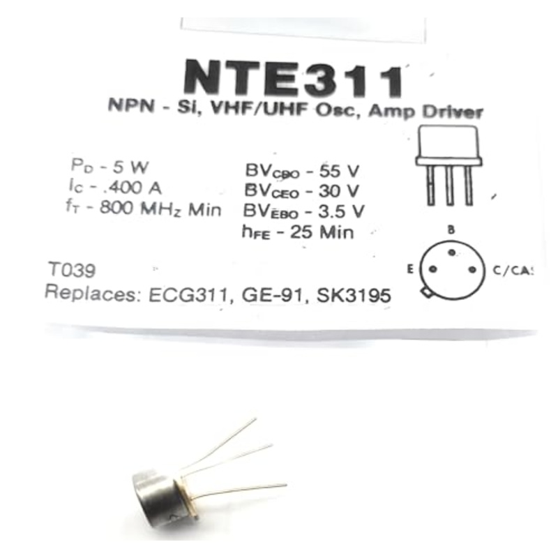 NTE311 Transistor NPN SI, VHF/UHF OSC AMP Driver 55V 800MHZ .4 AMP 5 WATT TO39 (1PC)