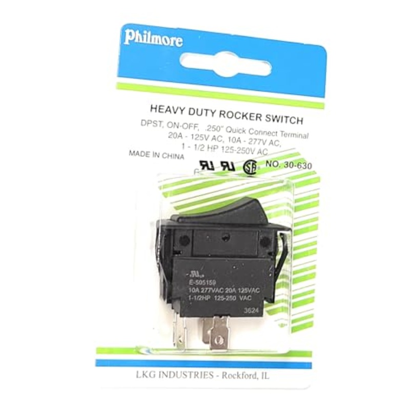 Philmore Rocker Switch, DPST On/Off, 20 Amp, 4 Quick Connect Terminals, 1.45″ x 0.83″ Hole