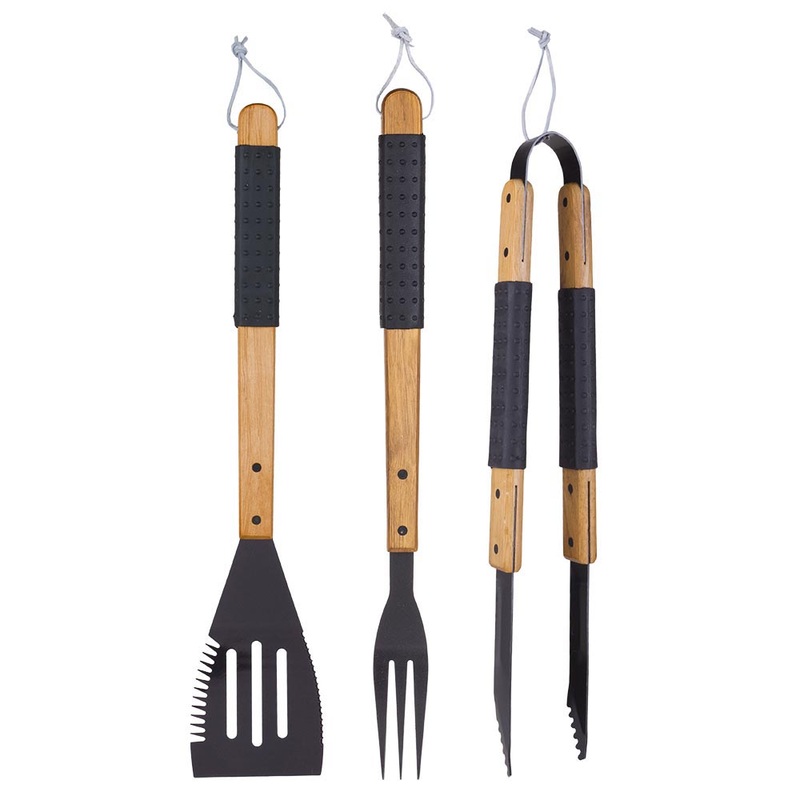 02162YNST – BBQ TOOL SET WOODEN HANDLES WITH RUBBER GRIP 3PCS/SET