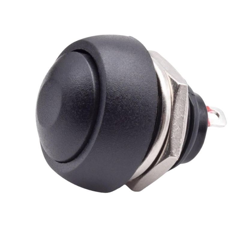 SWPUS-001200 – PUSH SWITCH MOM 1P1T NO THR SOL 12MM 2A 48VDC DOMED HEAD BLACK