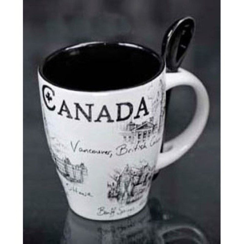 00611 – CANADA SOUVENIR MUG W/SPOON BLACK/WHITE
