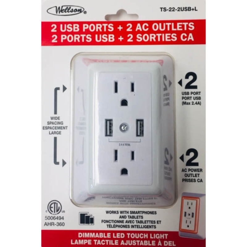 AHR-360 – WALL TAP 2-OUTLET 2USB 15A 125V 5VDC 2.4A W/ DIMMABLE LED LIGHT