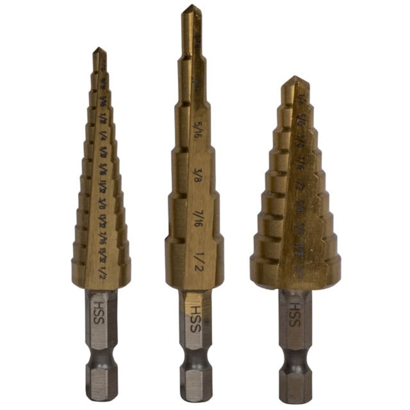 35326 – STEP DRILL BIT 3PC SET 3/16-1/2 1/4-3/4 1/8-1/2IN