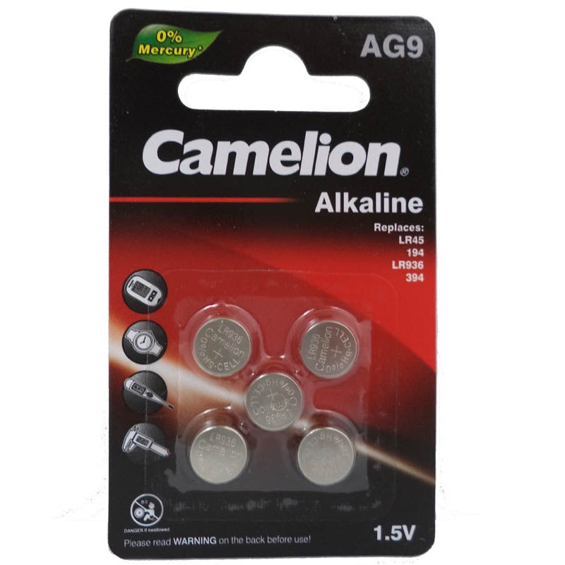 CAMEL-AG9-394 – BATTERY ALKALINE 394 1.5V REPLACES SR936SW AG9 SR45 LR936 (5 pcs/pkg)