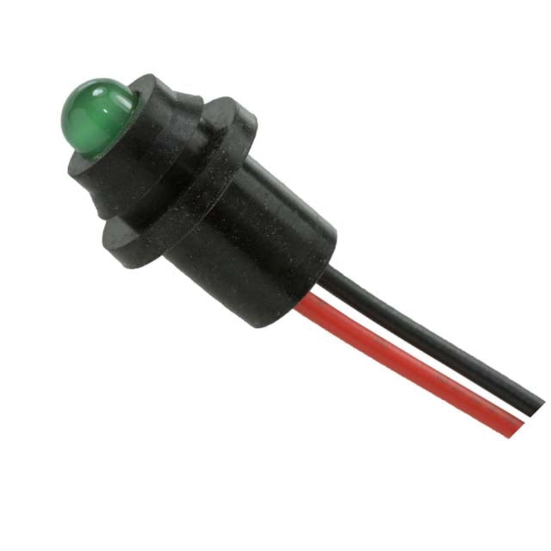 SSI-LXH9GD-150 – INDICATOR 2.2V LED 6.35MM GRN CHMT 30MCD 25MA  WIRE
