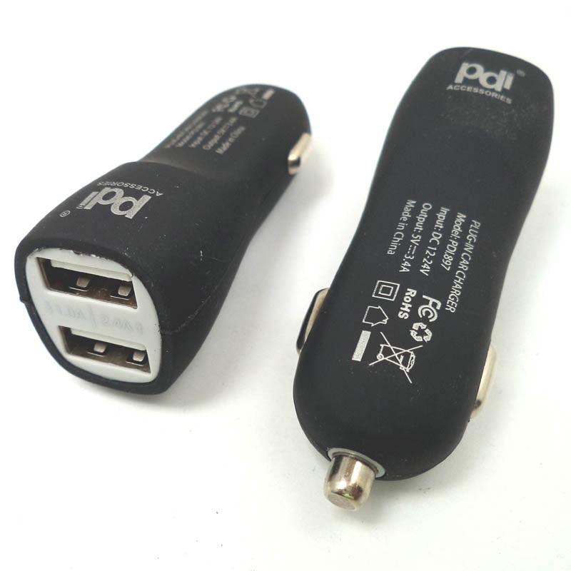 PDI-897 – USB CAR CHARGER DUAL 5VDC@1A 5VDC@2.4A ASSORTED COLORS