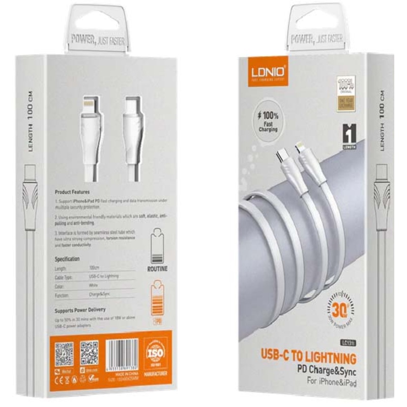 LC131L – USB CABLE C MALE TO LIGHTNING 8P 3FT 30W FAST CHARGE AND SYNC