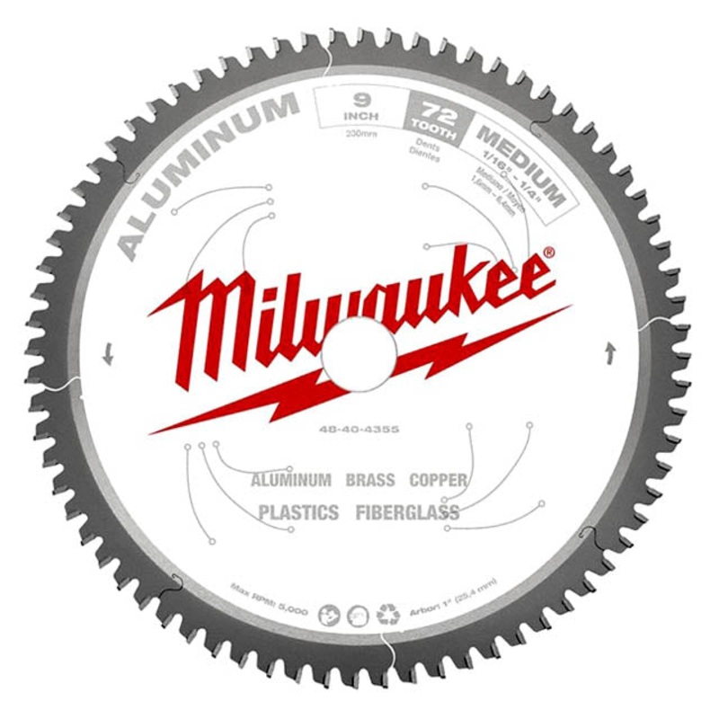 48-40-4355 – SAW BLADE 9INX72T 1IN ARBOR CUTTING ALUMINUM BRASS COPPER