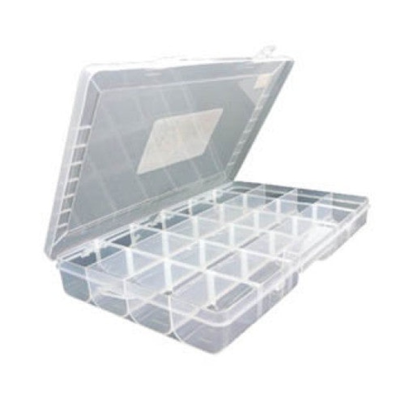 MJ-2084 – COMPONENT BOX 14X8.5X2IN CLEAR 24 COMPARTMENTS FLIP TOP