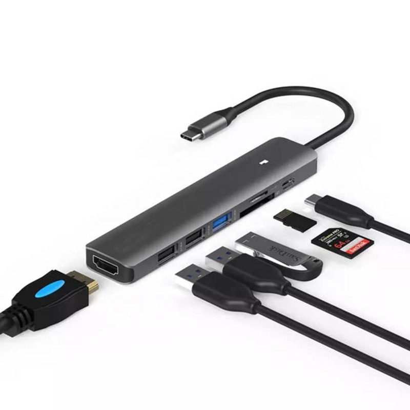 HC703 – USB C TO 7 IN 1 HDMI ETHERNET USB 3.0/2.0 CARD READER HUB