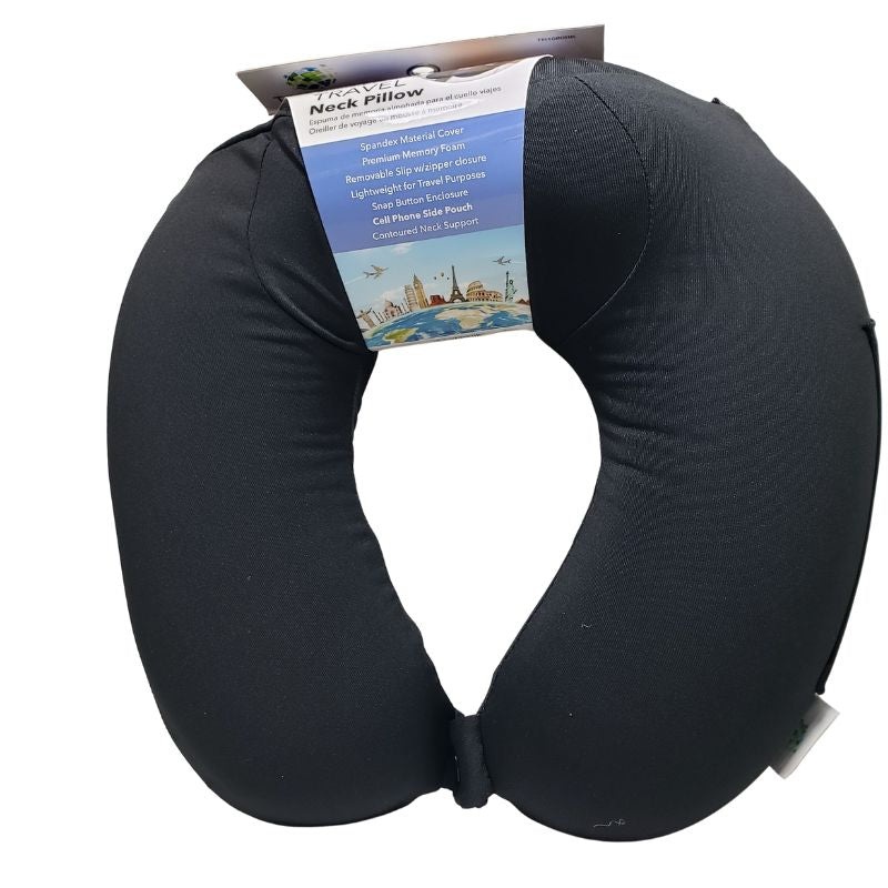 TR1080BK – TRAVEL PILLOW MEMORY FOAM BLACK REMOVABLE SLIP W/ZIPPER CLOSURE