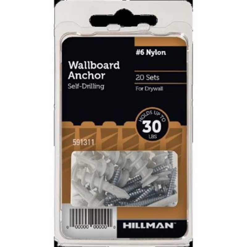 591311H – ANCHOR NYLON WALLBOARD AND SCREWS #6 20PC SET 30LBS SELFDRILLING (20 pcs/pkg)