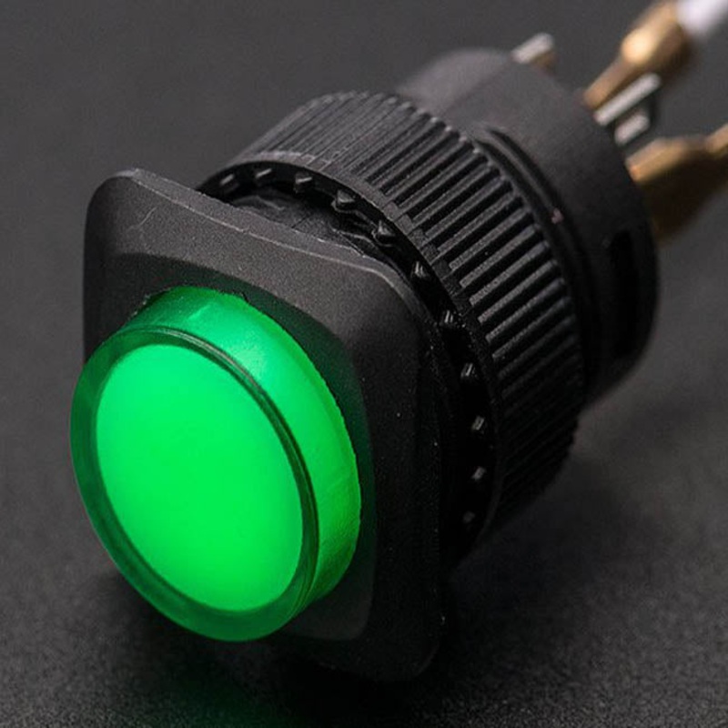 1443 – PUSH SWITCH LIT LATCH GREEN 1P1T ON/OFF 3A/125V 16MM TH SOL/PUSH