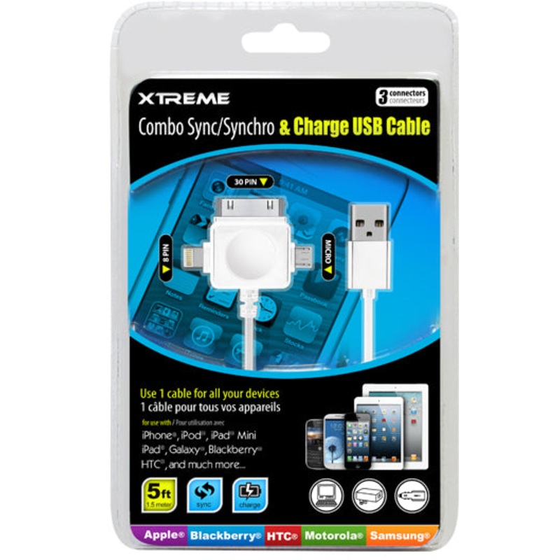 59053 – USB CABLE A MALE TO MICRO/30P/8P LIGHTING CONN 5FT SYNC AND CHARGE
