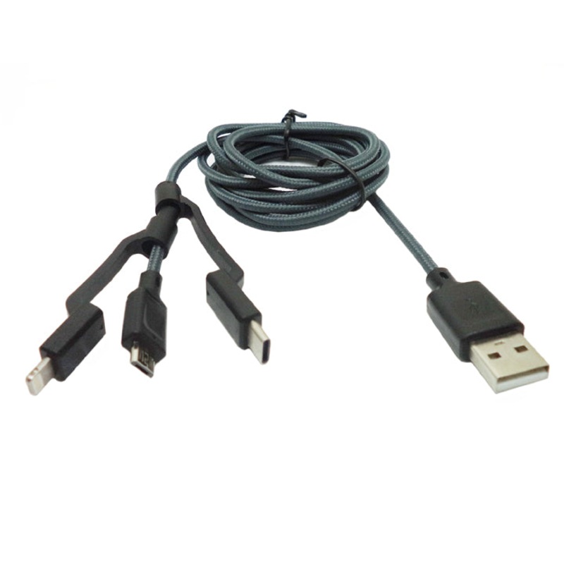 XMT8-1001-MP1 – USB CABLE A MALE TO MICRO B TYPE C AND LIGHTNING 6FT GRAY