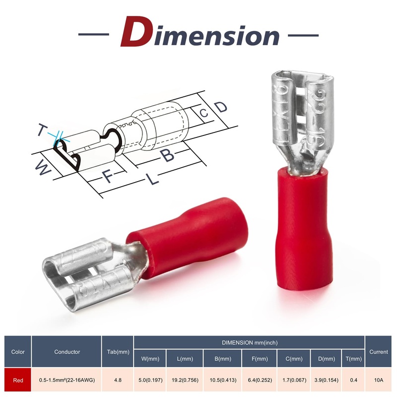 65-4525C .100 pk 250 FEMALE TAB 22-18 1/4″ Female Spade Connector Quick Disconnect Semi-Insulated PVC – Red – 18 19 20 21 22 awg Gauge Wire Crimp 6.3mm Terminal 6.3 x 0.8 mm