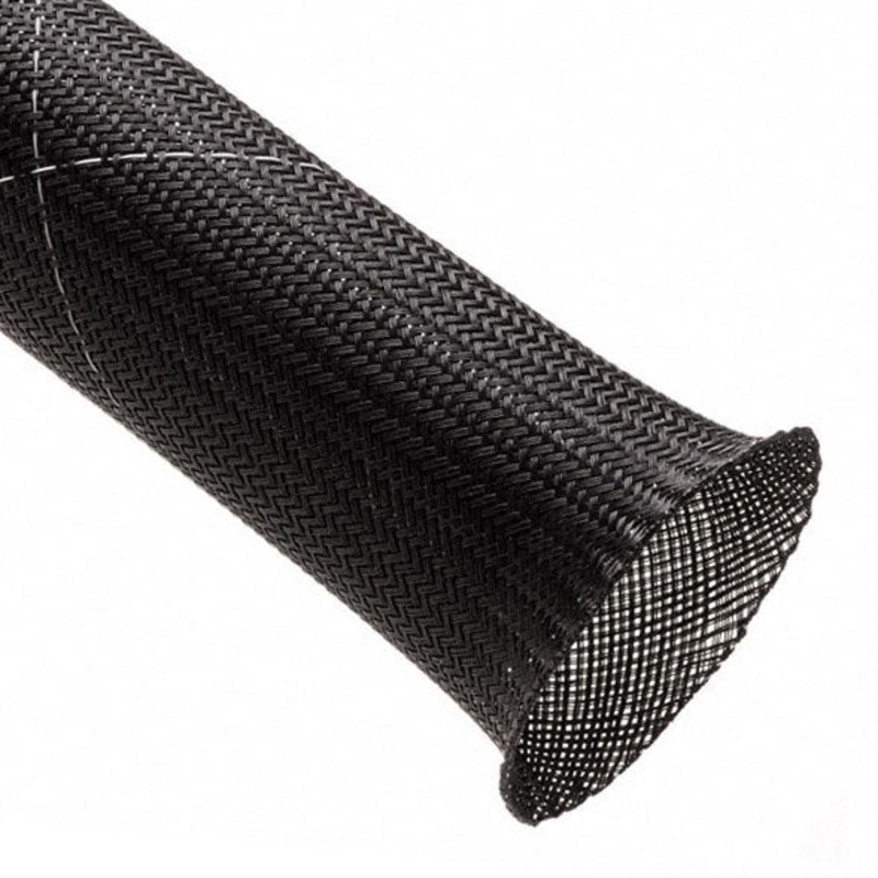 CCF1.25TB-50ft TechFlex braided sleeve  Flame Ret. 1 1/4″, Black w/ White Tracer