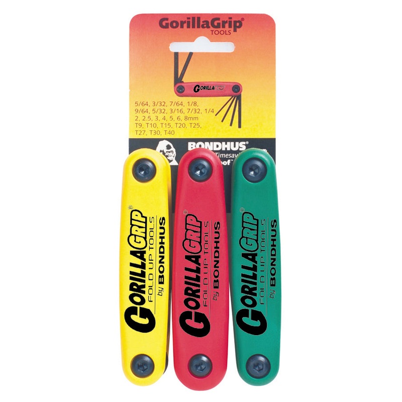 12533 (HF24), Bondhus Triple Pack GorillaGrip Hex Key Fold Up Inch, Metric & Torx