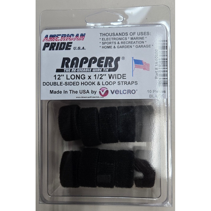 14-02000, American Pride 12″L X 1/2″W Black Rappers Hook & Loop, 10pk