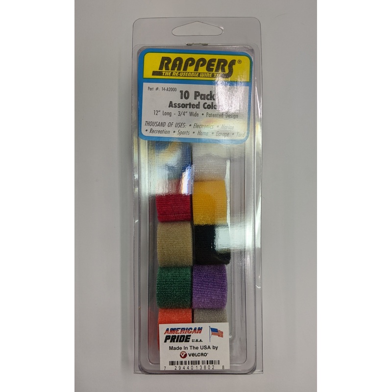 14-A2000, American Pride 12″L X 3/4″W Rappers Hook & Loop, Assorted Colors, 10pk