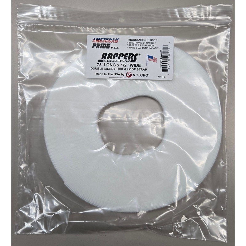 14-W4000, American Pride 75’L X 1/2″W Spool Rappers Hook & Loop, White