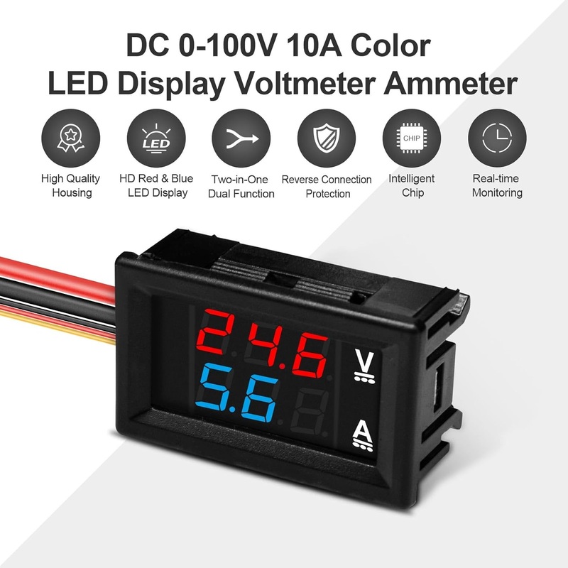 MVLCD-Digital Meter V/A 0.28″ Digital Voltmeter Ammeter DC 0-100V 10A, Red & Blue Dual LED Display Panel with Connect Wires, 2 in 1 Volt Amp Monitor Teste