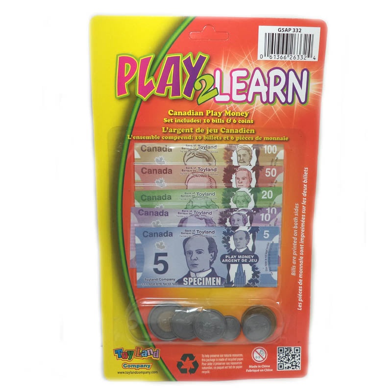 G5AP 332 – CANADIAN PLAY MONEY BILLS AND COINS SET 10 BILLS AND 6 COINS